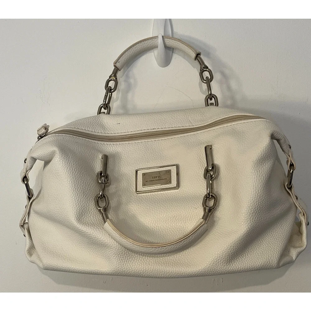 Lulu Guiness Purse Satchell White Top Handle Zip Close Pockets Silver Accents